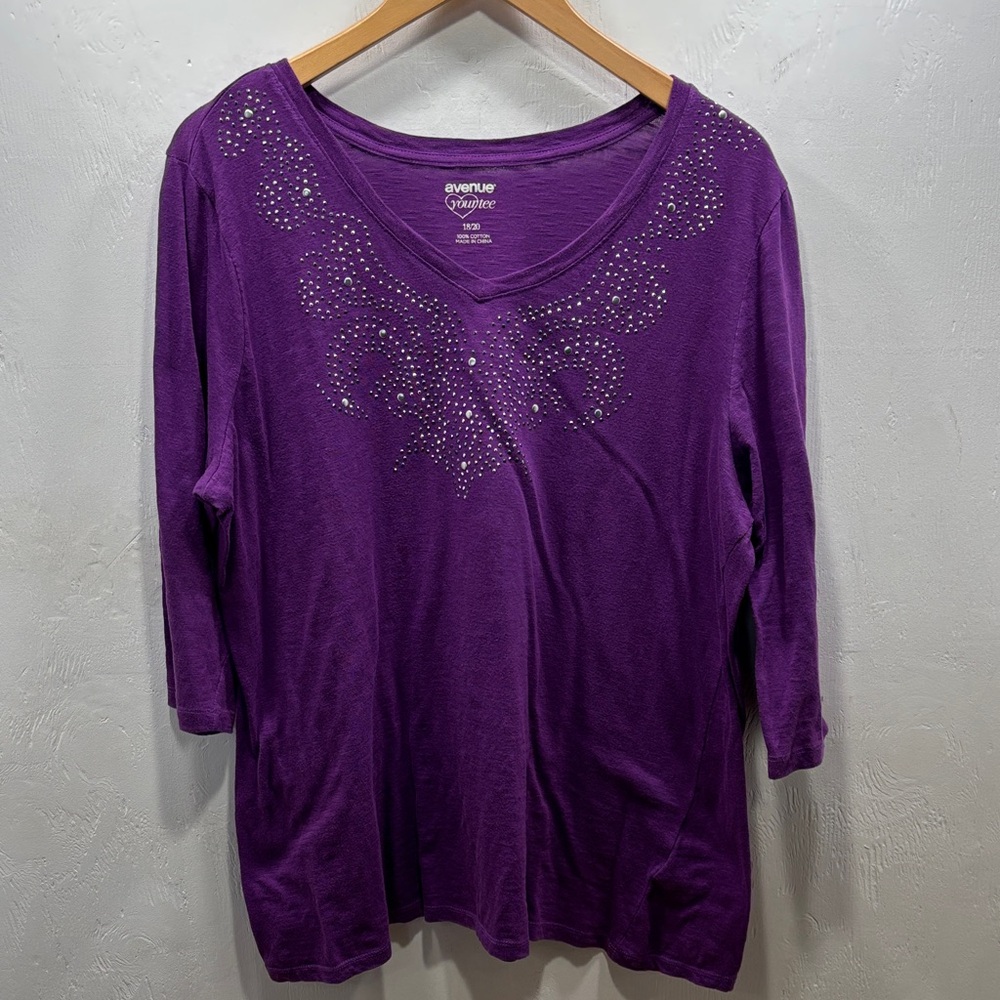 Avenue Purple 3/4 Sleeve Purple Feminine Top Embellishments Relaxed Fit 18/20